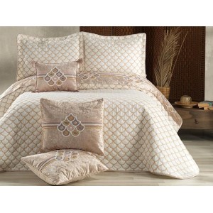 Set LUXURY DIVA 6 piese Cuvertura satinata cu broderie din catifea si 5 fete de perna, Alb-Bej