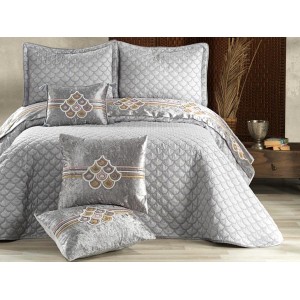 Set LUXURY DIVA 6 piese Cuvertura satinata cu broderie din catifea si 5 fete de perna, Gri