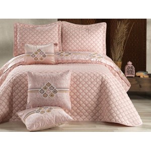 Set LUXURY DIVA 6 piese Cuvertura satinata cu broderie din catifea si 5 fete de perna, Roz