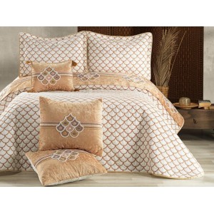 Set LUXURY DIVA 6 piese Cuvertura satinata cu broderie din catifea si 5 fete de perna, Alb-Auriu