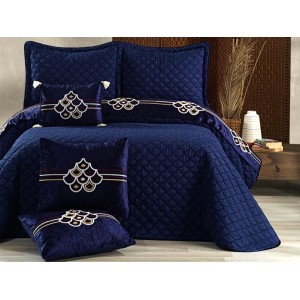 Set LUXURY DIVA 6 piese Cuvertura satinata cu broderie din catifea si 5 fete de perna, Albastru