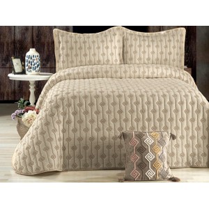 Cuvertura LORI pentru pat dublu cu smocuri brodate si 3 fete de perna, Bej