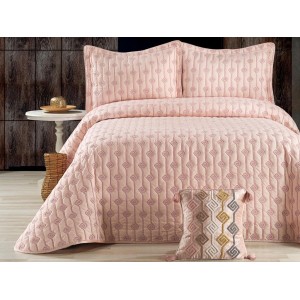 Cuvertura LORI pentru pat dublu cu smocuri brodate si 3 fete de perna, Roz