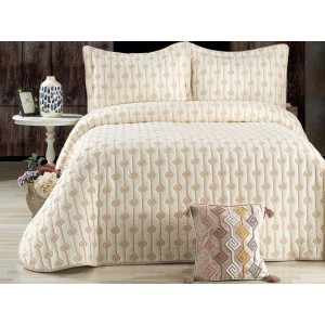 Cuvertura LORI pentru pat dublu cu smocuri brodate si 3 fete de perna, Alb-Bej