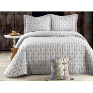 Cuvertura LORI pentru pat dublu cu smocuri brodate si 3 fete de perna, Gri