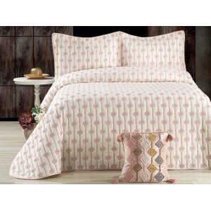 Cuvertura LORI pentru pat dublu cu smocuri brodate si 3 fete de perna, Alb-Roz