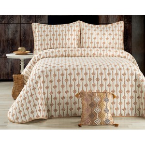 Cuvertura LORI pentru pat dublu cu smocuri brodate si 3 fete de perna, Alb-Auriu