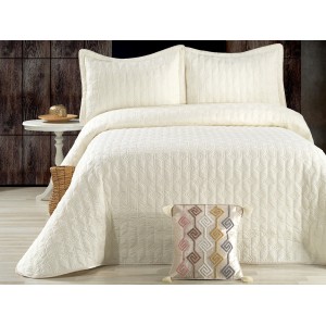 Cuvertura LORI pentru pat dublu cu smocuri brodate si 3 fete de perna, Alb