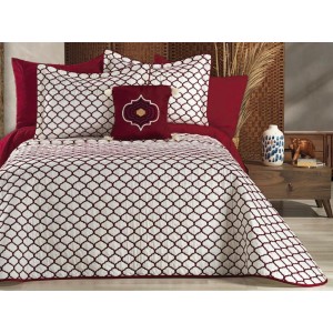 Cuvertura MELODIE pentru pat dublu cu smocuri brodate si 3 fete de perna, Alb-Visiniu