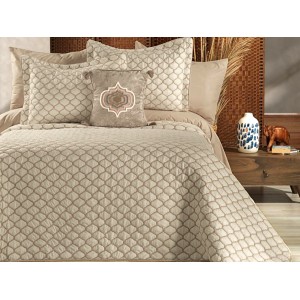 Cuvertura MELODIE pentru pat dublu cu smocuri brodate si 3 fete de perna, Bej