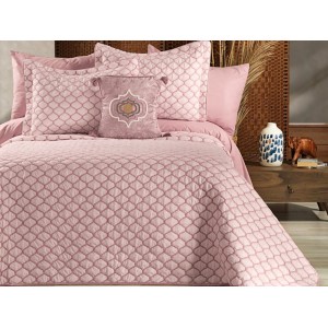 Cuvertura MELODIE pentru pat dublu cu smocuri brodate si 3 fete de perna, Roz
