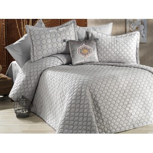 Cuvertura MELODIE pentru pat dublu cu smocuri brodate si 3 fete de perna, Gri