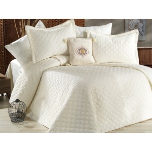 Cuvertura MELODIE pentru pat dublu cu smocuri brodate si 3 fete de perna, Alb