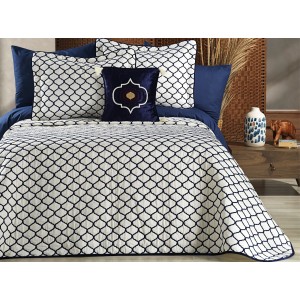 Cuvertura MELODIE pentru pat dublu cu smocuri brodate si 3 fete de perna, Alb-Albastru