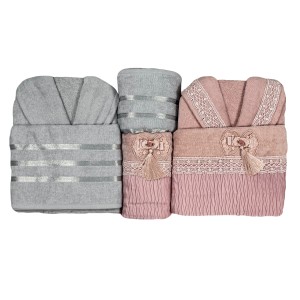 Set baie Lux Family Bumbac si Dantela Gri-Pudra