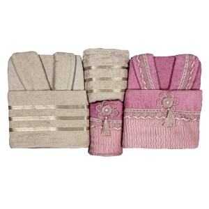 Set baie Lux Family Bumbac si Dantela Bej-Roz