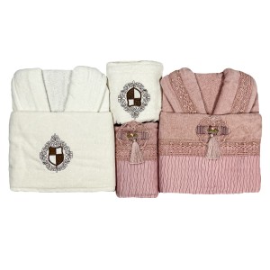 Set baie Lux Family Bumbac, Broderie si Dantela Crem-Pudra