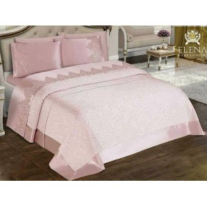 Set LUXURY ELENA 6 piese Cuvertura si Cearsaf de pat cu 4 fete de perna, Roz Pudra