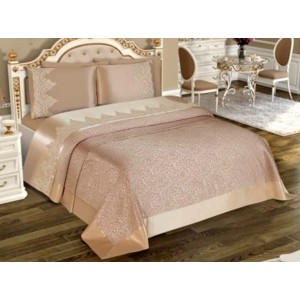 Set LUXURY ELENA 6 piese Cuvertura si Cearsaf de pat cu 4 fete de perna, Capuccino