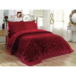 Set LUXURY GONCAGUL 6 piese Patura cu dantela,perle si Cearsaf de pat cu 4 fete de perna, Rosu