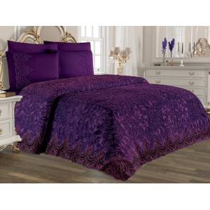 Set LUXURY GONCAGUL 6 piese Patura cu dantela,perle si Cearsaf de pat cu 4 fete de perna, Mov