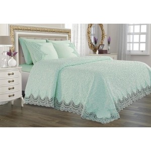 Set LUXURY GONCAGUL 6 piese Patura cu dantela, perle si Cearsaf de pat cu 4 fete de perna, Menta