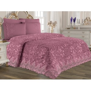 Set LUXURY GONCAGUL 6 piese Patura cu dantela, perle si Cearsaf de pat cu 4 fete de perna, Purpuriu