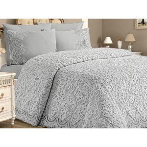 Set LUXURY GONCAGUL 6 piese Patura cu dantela, perle si Cearsaf de pat cu 4 fete de perna, Gri deschis