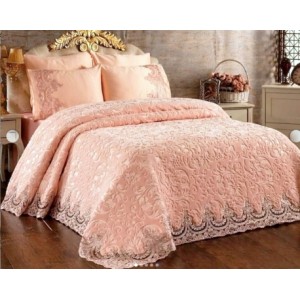 Set LUXURY GONCAGUL 6 piese Patura cu dantela, perle si Cearsaf de pat cu 4 fete de perna, Roz Pudra