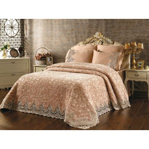 Set LUXURY GONCAGUL 6 piese Patura cu dantela,perle si Cearsaf de pat cu 4 fete de perna, Capuccino