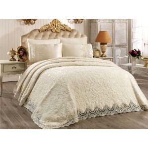 Set LUXURY GONCAGUL 6 piese Patura cu dantela, perle si Cearsaf de pat cu 4 fete de perna, Alb Unt