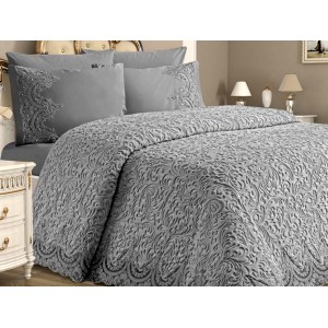 Set LUXURY GONCAGUL 6 piese Patura cu dantela,perle si Cearsaf de pat cu 4 fete de perna, Gri Inchis