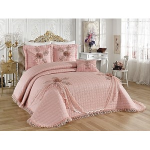 Set LUXURY 4 piese Cuvertura bumbac cu dantela si 3 fete de perna, Goncagul Pudra