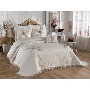 Set LUXURY 4 piese Cuvertura bumbac cu dantela si 3 fete de perna, Goncagul Crem