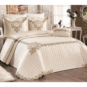 Set LUXURY 4 piese Cuvertura bumbac cu dantela si 3 fete de perna, MIRA Crem