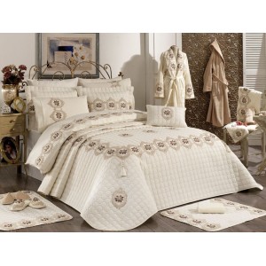 Set LUXURY 4 piese Cuvertura bumbac cu dantela, ciucuri si 3 fete de perna, ANGEL Crem