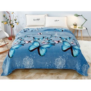 Patura pufoasa cocolino 200x230cm, 240gr/m, albastru, fluturi