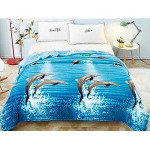 Patura pufoasa cocolino 200x230cm, 240gr/m, albastru, delfini