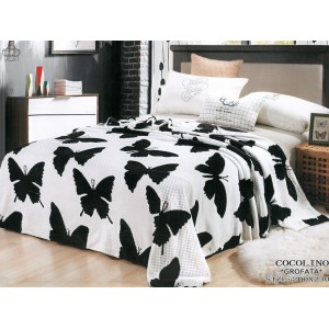 Patura pufoasa cocolino gofrata 200x230cm, 300gr/mp, Alb-Negru, Fluturi