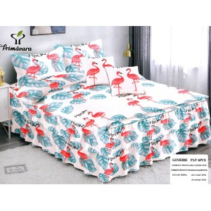 Lenjerie pat dublu,  FINET, 6 piese, cu VOLANASE, Alb-Multicolor, flamingo, frunze