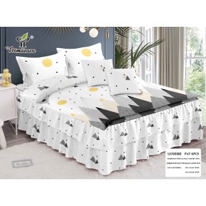 Lenjerie pat dublu,  FINET, 6 piese, cu VOLANASE, Alb-Multicolor, abstract