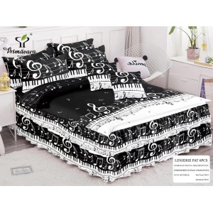 Lenjerie pat dublu,  FINET, 6 piese, cu VOLANASE, Negru-Alb, note muzicale