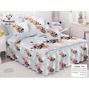 Lenjerie pat dublu,  FINET, 6 piese, cu VOLANASE, Gri, frunze