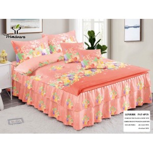 Lenjerie pat dublu,  FINET, 6 piese, cu VOLANASE, Roz-Multicolor, flori