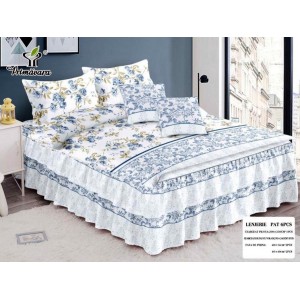 Lenjerie pat dublu,  FINET, 6 piese, cu VOLANASE, Bleu, flori
