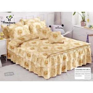 Lenjerie pat dublu,  FINET, 6 piese, cu VOLANASE, Bej, flori