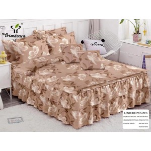 Lenjerie pat dublu,  FINET, 6 piese, cu VOLANASE, Maro deschis, flori