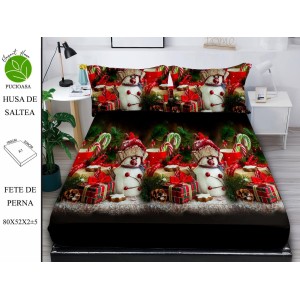 Cearsaf cu elastic tip husa din FINET pentru saltea 180x200+25cm si doua fete de perna 52x80cm, Elegant Home Pucioasa, Mos Craciun, Rosu-Verde