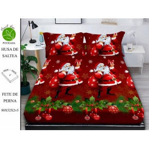 Cearsaf cu elastic tip husa din FINET pentru saltea 180x200+25cm si doua fete de perna 52x80cm, Elegant Home Pucioasa, Mos Craciun, Rosu-Verde