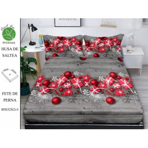 Cearsaf cu elastic tip husa din FINET pentru saltea 180x200+25cm si doua fete de perna 52x80cm, Elegant Home Pucioasa, Mos Craciun, Rosu-Gri